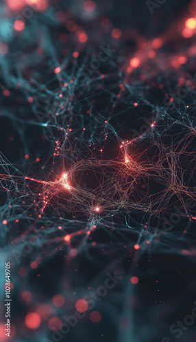 Digital neural network connections in abstract data visualization with glowing nodes and links