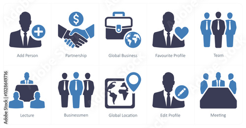 A set of 10 mix icons as add person, partnership, global business