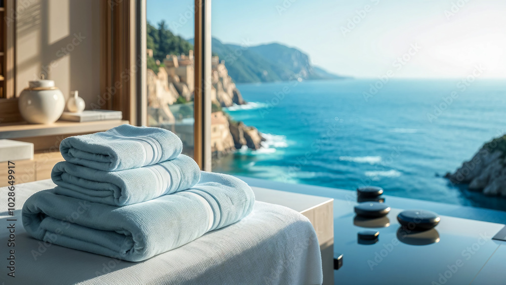 Fototapeta premium Relaxing Spa Setup with Towels and Ocean View