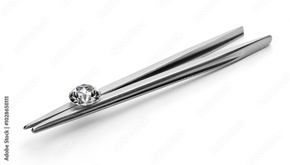 Tweezers with beautiful shiny diamond isolated on white Tweezers with beautiful shiny diamond isolated on white