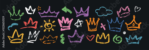 Hand drawn colorful king crowns isolated on black background. Set of brush stroke prince diadems. Grunge princess tiara, royal queen head accessories, stars, dots, sun and wavy lines in graffiti style