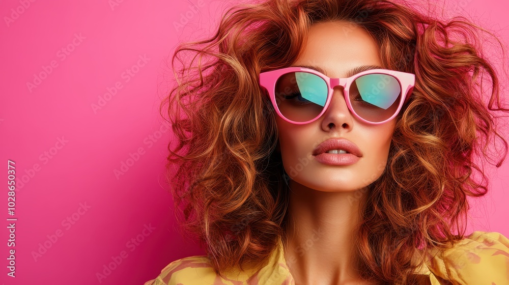 This striking image captures a curly-haired individual sporting bold pink sunglasses, epitomizing funky and stylish aesthetics against a vivid pink backdrop. This striking image captures a curly-haired individual sporting bold pink sunglasses, epitomizing funky and stylish aesthetics against a vivid pink backdrop.