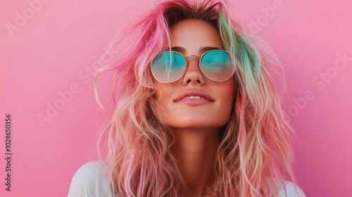 A stylish person with colorful hair and round sunglasses stands confidently against a bright pink wall, showcasing a trendy and cheerful vibe.