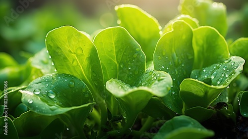 A vibrant arugula plant growing in a home garden, with droplets of water on its leaves, surrounded by other herbs and vegetables. photo