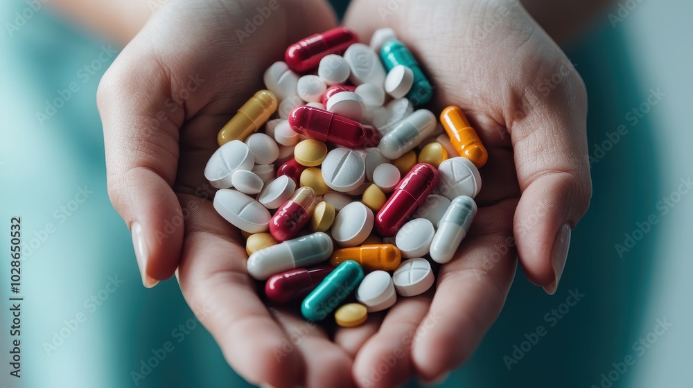 A vibrant selection of various pills and capsules nestled in gently cupped hands, conveying themes of medical care, hope, and the array of available treatments. A vibrant selection of various pills and capsules nestled in gently cupped hands, conveying themes of medical care, hope, and the array of available treatments.
