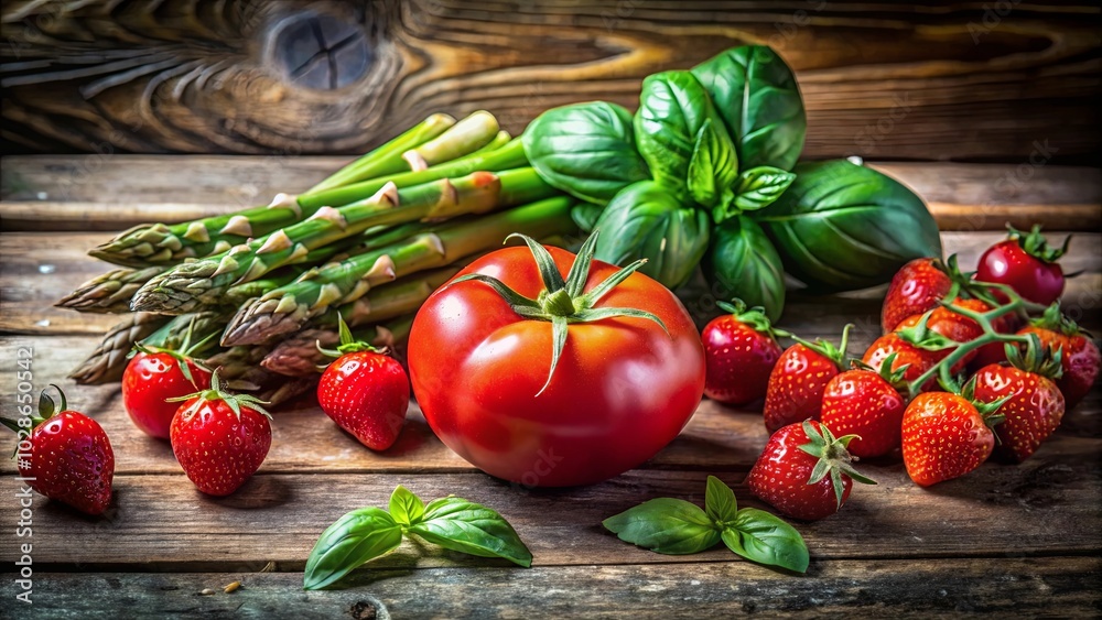 A Rustic Still Life with a Vibrant Tomato, Delicate Strawberries, and Fresh Green Asparagus Sprouts A Rustic Still Life with a Vibrant Tomato, Delicate Strawberries, and Fresh Green Asparagus Sprouts
