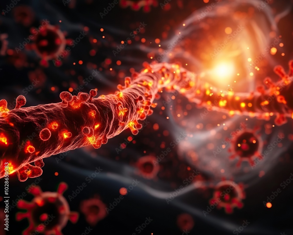 Abstract representation of viral particles and molecular structures in a vibrant, colorful design.