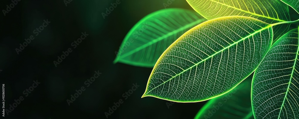 Obraz premium Close-up of vibrant green leaves with light highlights against a dark background.