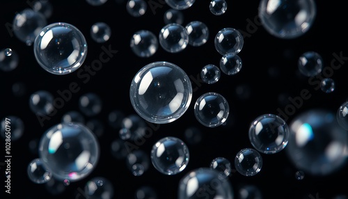 Floating soap bubbles captured in mid-air against a dark background