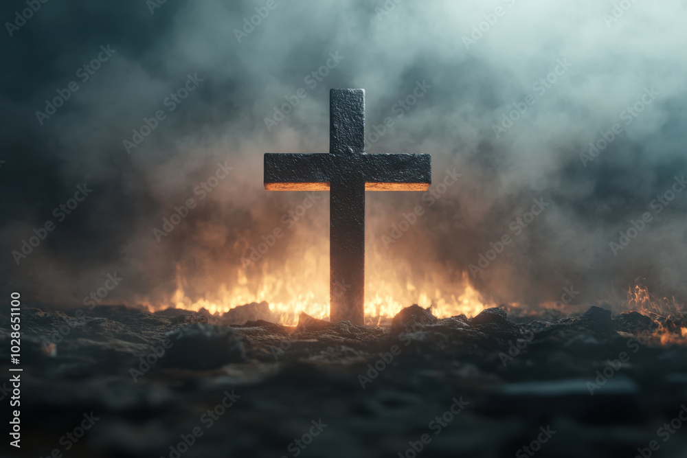 A solitary cross illuminated by golden light in an ancient, eerie chapel at dusk A solitary cross illuminated by golden light in an ancient, eerie chapel at dusk