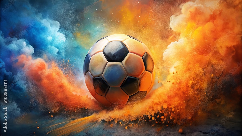 Fototapeta premium A soccer ball bursts through a swirling cloud of vibrant colors, leaving a trail of fiery dust and a sense of raw energy.
