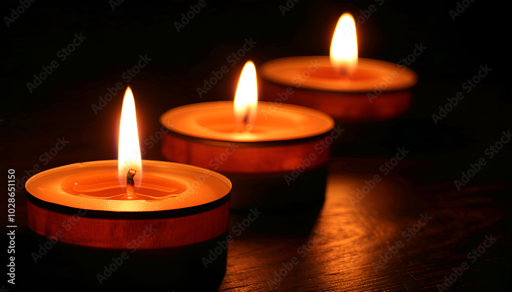 Burning candles on wooden table in darkness, closeup Burning candles on wooden table in darkness, closeup