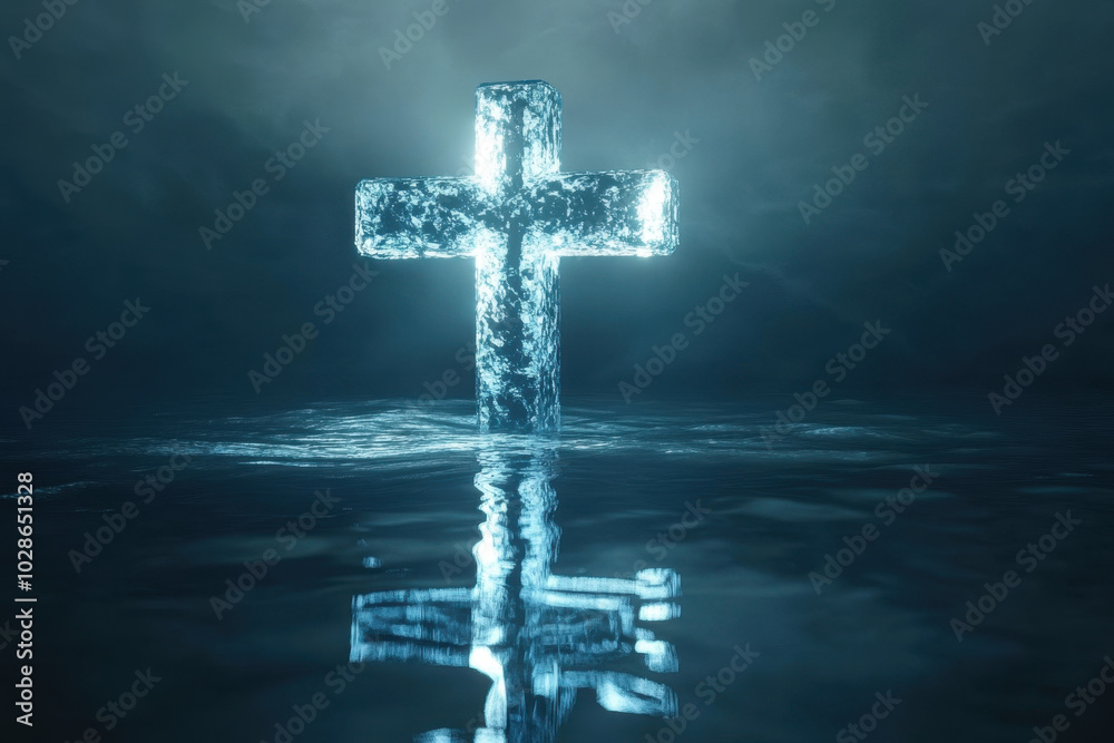 A solitary cross illuminated by golden light in an ancient, eerie chapel at dusk A solitary cross illuminated by golden light in an ancient, eerie chapel at dusk