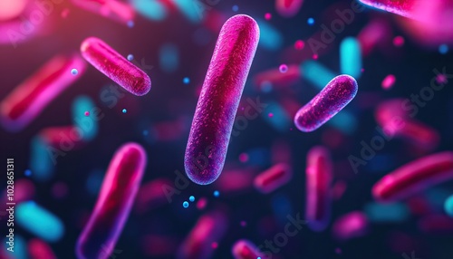 Colorful depiction of bacteria in vibrant, microscopic detail against a dark background.