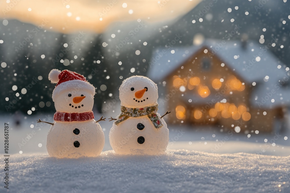 Fototapeta premium Two snowmen standing in the snow with a snowy house and falling snow in the background
