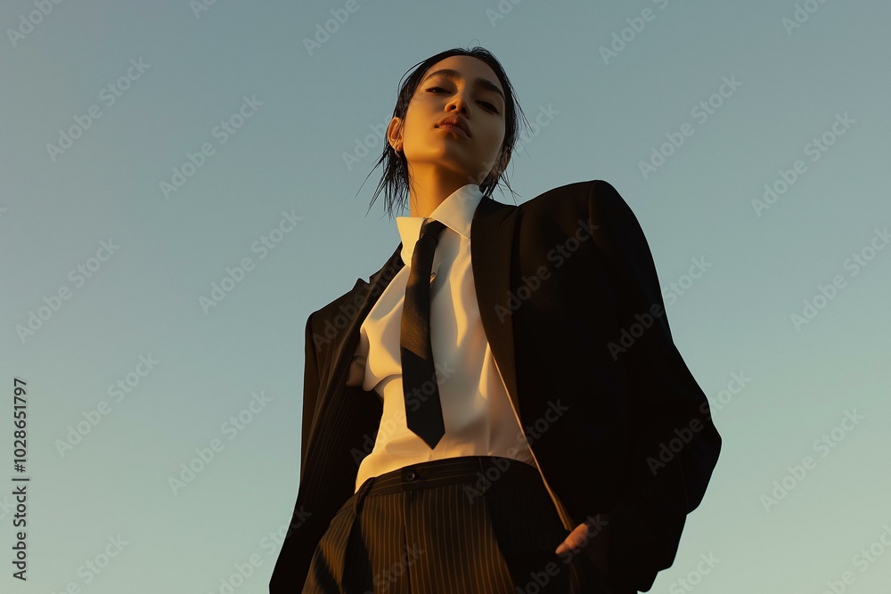 Striking Portrait of a Young Woman in Business Attire Against a Clear Sky