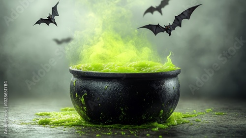 toxic witch cauldron Neon Green Toxic Brew in a Cauldron Surrounded by Bats