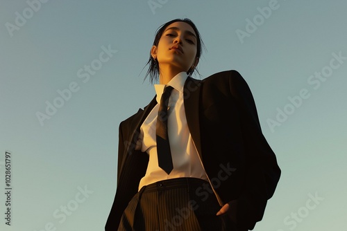 Obraz na płótnie Striking Portrait of a Young Woman in Business Attire Against a Clear Sky w salonie