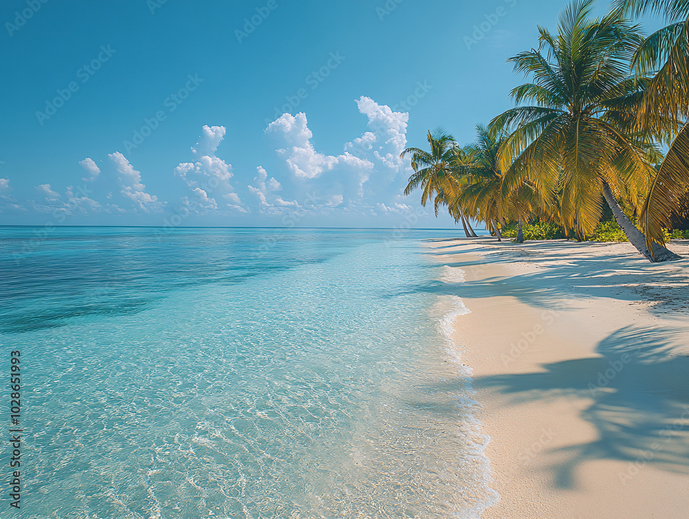 A clear blue ocean with white sandy beach under a blue sky. Palm trees on the beach. A clear blue ocean with white sandy beach under a blue sky. Palm trees on the beach.
