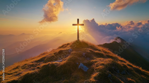 A serene sunrise over a cross placed atop a majestic mountain peak during early morning hours