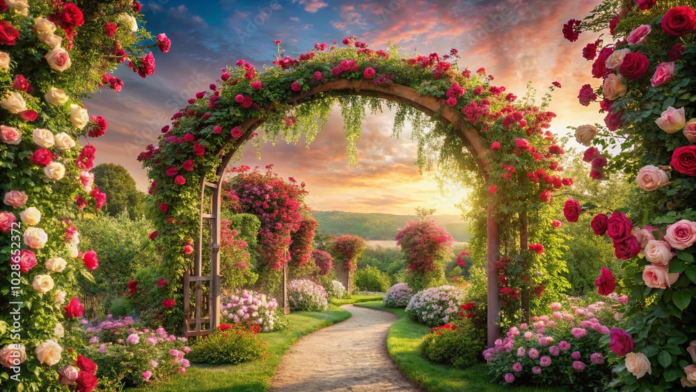 Fototapeta premium A winding path leads through a blossoming garden, a vibrant rose archway framing a golden sunset sky