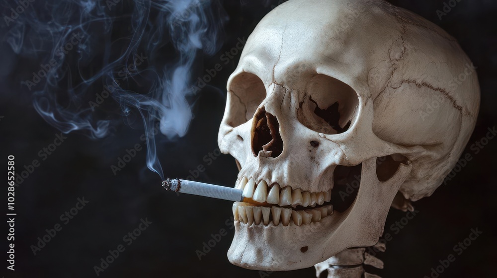 Human skull holding a cigarette, smoke forming abstract shapes in the dark, life, death, and smoking, evoking thoughts on fleeting time Human skull holding a cigarette, smoke forming abstract shapes in the dark, life, death, and smoking, evoking thoughts on fleeting time