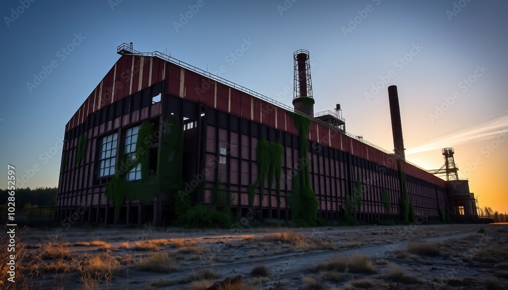 Abandoned industrial building at sunset, showcasing rust and nature's reclaiming Abandoned industrial building at sunset, showcasing rust and nature's reclaiming