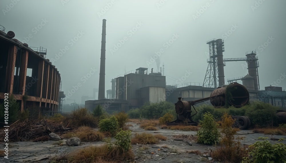 Abandoned industrial site with overgrown vegetation in a foggy atmosphere Abandoned industrial site with overgrown vegetation in a foggy atmosphere