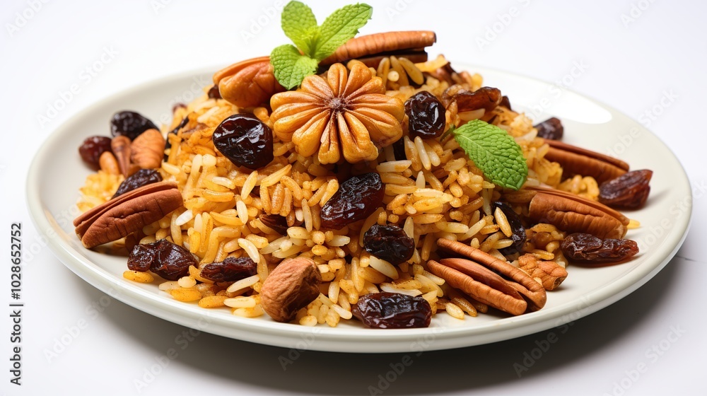 A plate of saffron rice with raisins, pecans, and mint. A plate of saffron rice with raisins, pecans, and mint.