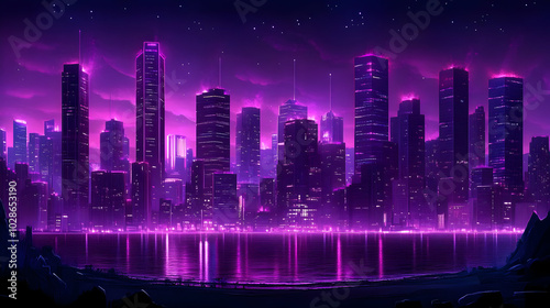 Futuristic city skyline illuminated in vibrant purple hues at night.