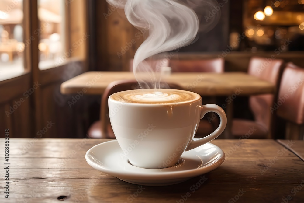 Fototapeta premium Cup of coffee with saucer and spoon on a wooden table in a cozy cafe