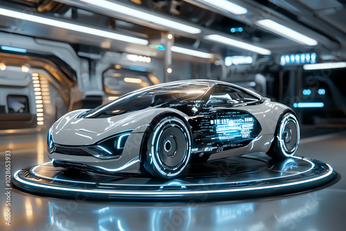 Futuristic car design on a futuristic platform, white isolate background.