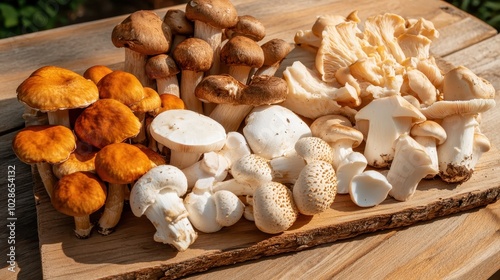 An assortment of fresh, colorful mushrooms is artfully arranged on a rustic wooden board, showcasing diverse textures and colors, perfect for culinary enthusiasts. photo