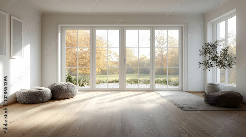 Bright, serene room with large windows and natural decor. Bright, serene room with large windows and natural decor.