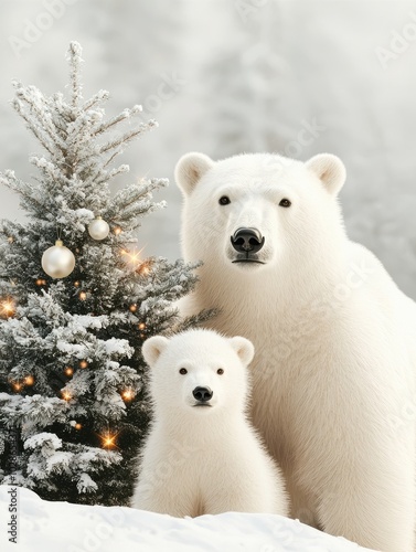 Polar bears near a Christmas tree in a snowy landscape, creating a festive and serene winter scene.