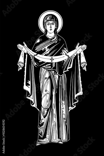 Traditional orthodox image of Intercession of Theotokos. Christian antique illustration black and white in Byzantine style
