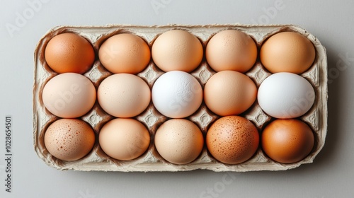 Featuring an array of eggs in a carton, this image captures different shades and textures, symbolizing natural beauty, diversity, and culinary enrichment.