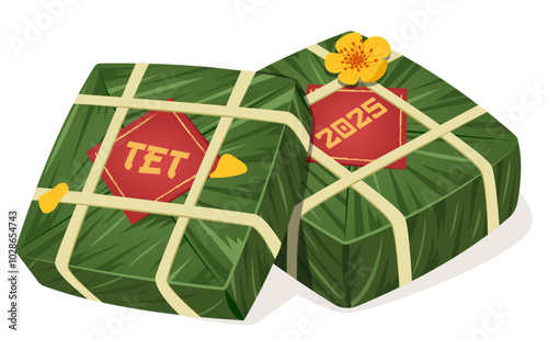 Vietnamese Sticky Rice Cakes or Bánh Chưng with Ochna Flowers - Lunar New Year or Tet Food Art