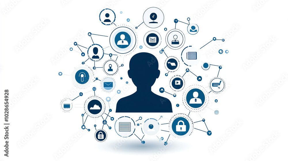 Silhouette of a user with network icons, white isolated background. Silhouette of a user with network icons, white isolated background.