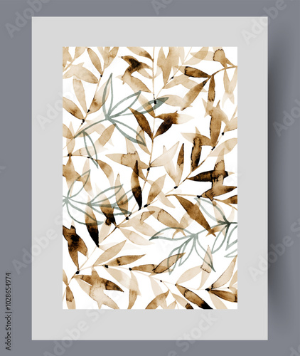 Tangled branches of trees and plants symbolizing natural abundance on print. Watercolor poster. Artwork with branches of autumn trees with leaves to create herbarium, in frame with decor for wall art