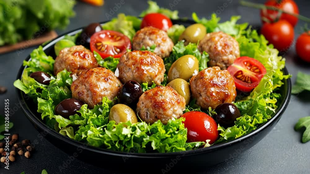A bowl of salad with meatballs, tomatoes, and olives sits on a dark counter A bowl of salad with meatballs, tomatoes, and olives sits on a dark counter