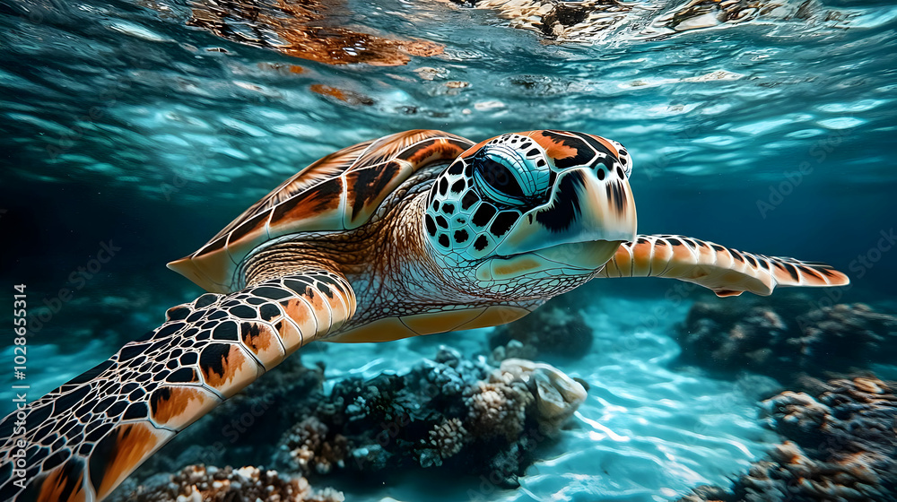 Fototapeta premium A serene underwater scene featuring a swimming sea turtle.