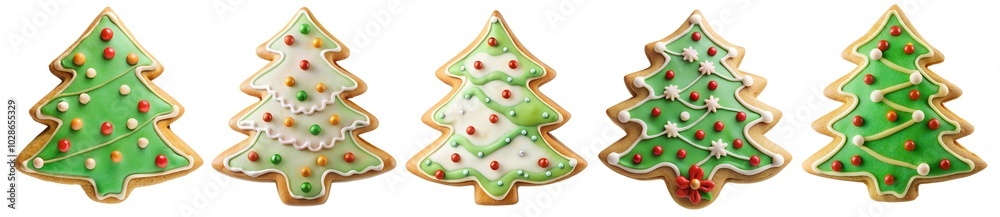 A set of Christmas tree-shaped cookies decorated with green icing and colorful sprinkles. Christmas Gingerbread Cookies Isolated on White Transparent Background, PNG Element A set of Christmas tree-shaped cookies decorated with green icing and colorful sprinkles. Christmas Gingerbread Cookies Isolated on White Transparent Background, PNG Element