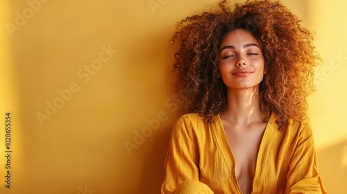 A joyful woman in a vibrant yellow outfit sits against a matching yellow backdrop, conveying warmth, joy, and relaxed confidence, evoking a cheerful summer day.