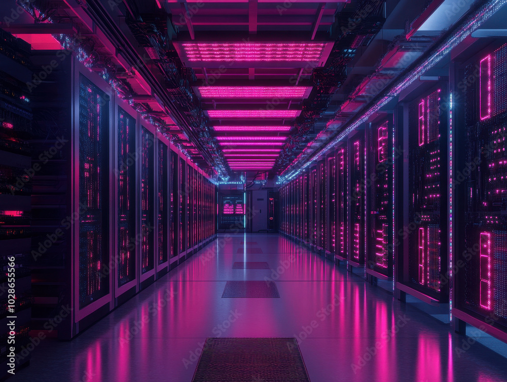 Fototapeta premium Illuminated server room showcasing powerful machinery during an energetic late-night work session