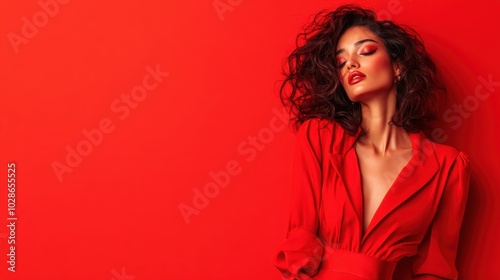 An elegant woman in a red ensemble, with textured curly hair, leans gracefully against a red wall, creating a captivating and sophisticated visual impact.
