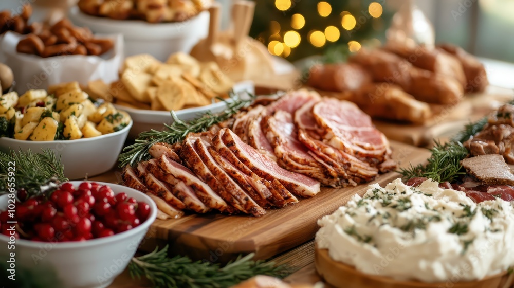 A beautifully arranged table featuring sliced meats, fresh rosemary sprigs, and an assortment of side dishes perfect for a festive gathering or celebration. A beautifully arranged table featuring sliced meats, fresh rosemary sprigs, and an assortment of side dishes perfect for a festive gathering or celebration.