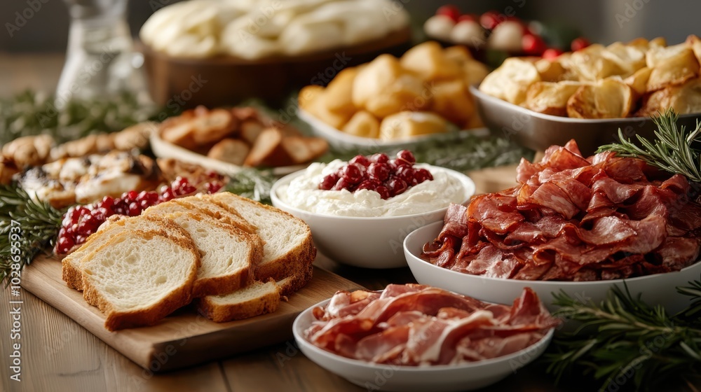 A delightful array of sliced cured meats, breads, and garnishes beautifully arranged, offering a tempting visual display associated with gourmet dining and celebration. A delightful array of sliced cured meats, breads, and garnishes beautifully arranged, offering a tempting visual display associated with gourmet dining and celebration.