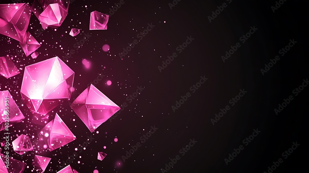 Abstract background with pink glowing geometric shapes on a black background.