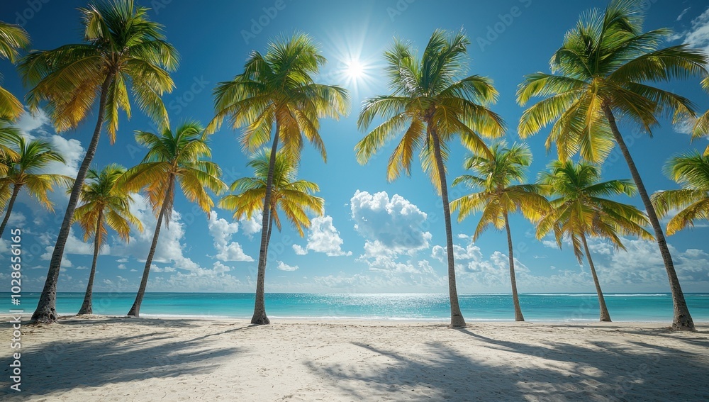 Tropical beach with palm trees and turquoise sea. Concept paradise, vacation, travel Tropical beach with palm trees and turquoise sea. Concept paradise, vacation, travel